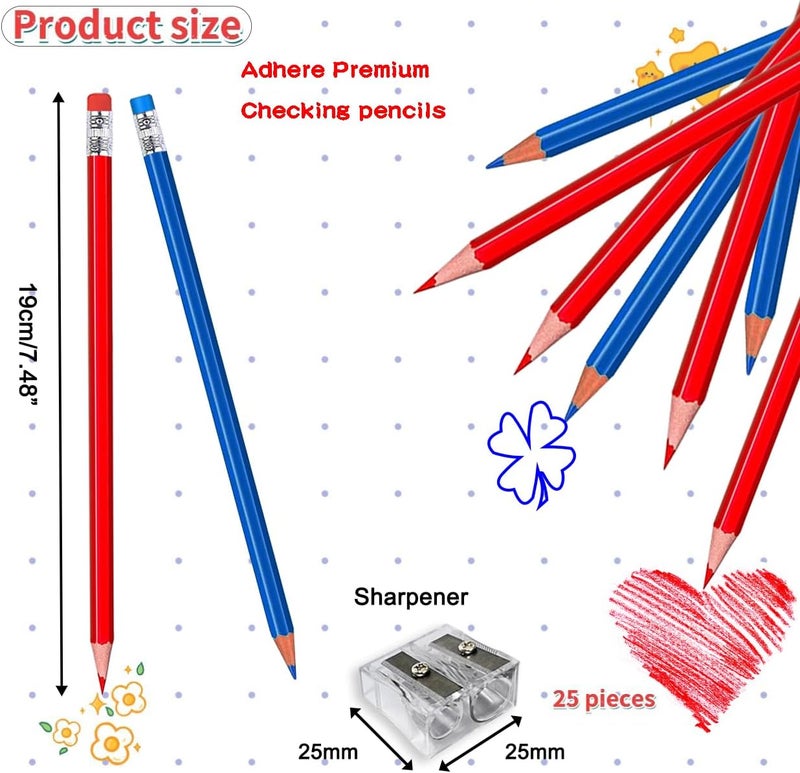 Adhere 25pcs Checking Pencils Erasable colored Pencils Pre-Sharpened #2 HB,for Checking Tests Grading,Map Coloring, editing Office Favors,including a Free sharpener. (Red 13pcs + Blue 12pcs) - Image 2